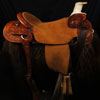 Modified Association Tree - 94 degree bars - #1 choice for fitting powerfull well muscled shoulder horses very well including half drafts - 16 inch seat - cantle is 4 inches high by 12 1/2 inches wide and has a 1 3/4 inch Cheyenne roll - horn is 4 inch high metal dally horn with a heavy mule hide ropping bonnet - Double D rigging set at 7/8ths - previously loved with a couple of generations to love back - half tooled with a classic Sheridan Floral design all hand worked by Keith Valley.